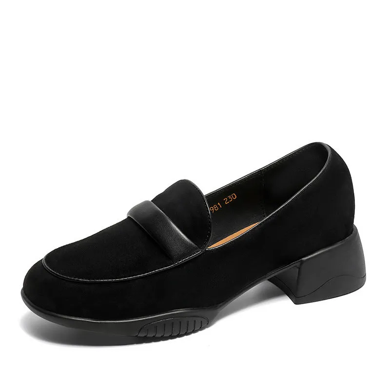 Women Retro Leather Minimliast Chunky Heel Loafers