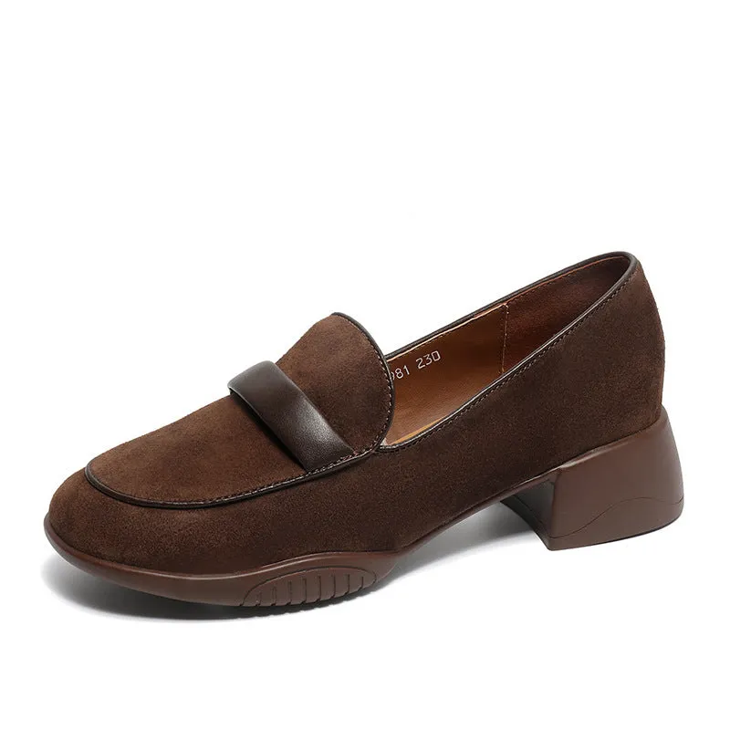 Women Retro Leather Minimliast Chunky Heel Loafers