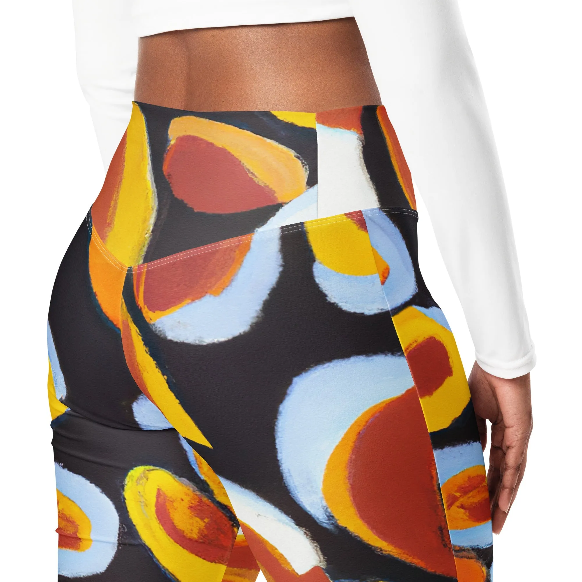 Womens Flare Leggings - Orange Black White Geometric Print Pattern