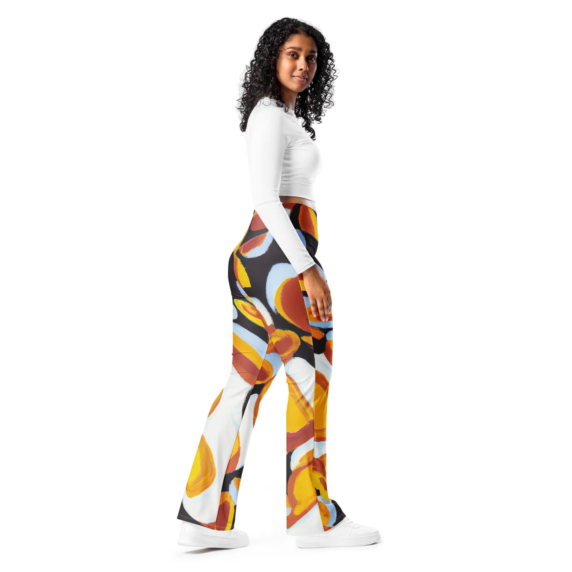 Womens Flare Leggings - Orange Black White Geometric Print Pattern