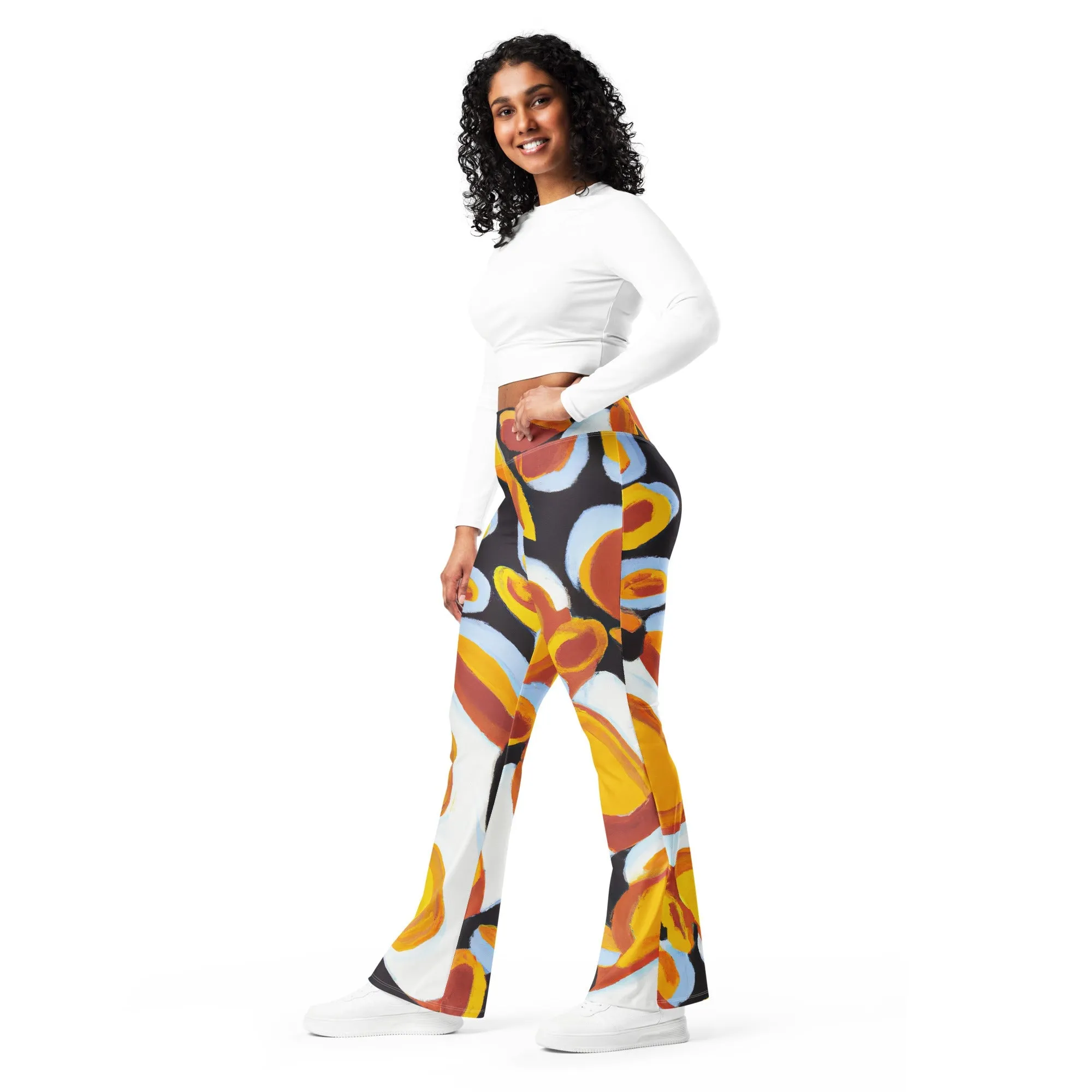 Womens Flare Leggings - Orange Black White Geometric Print Pattern
