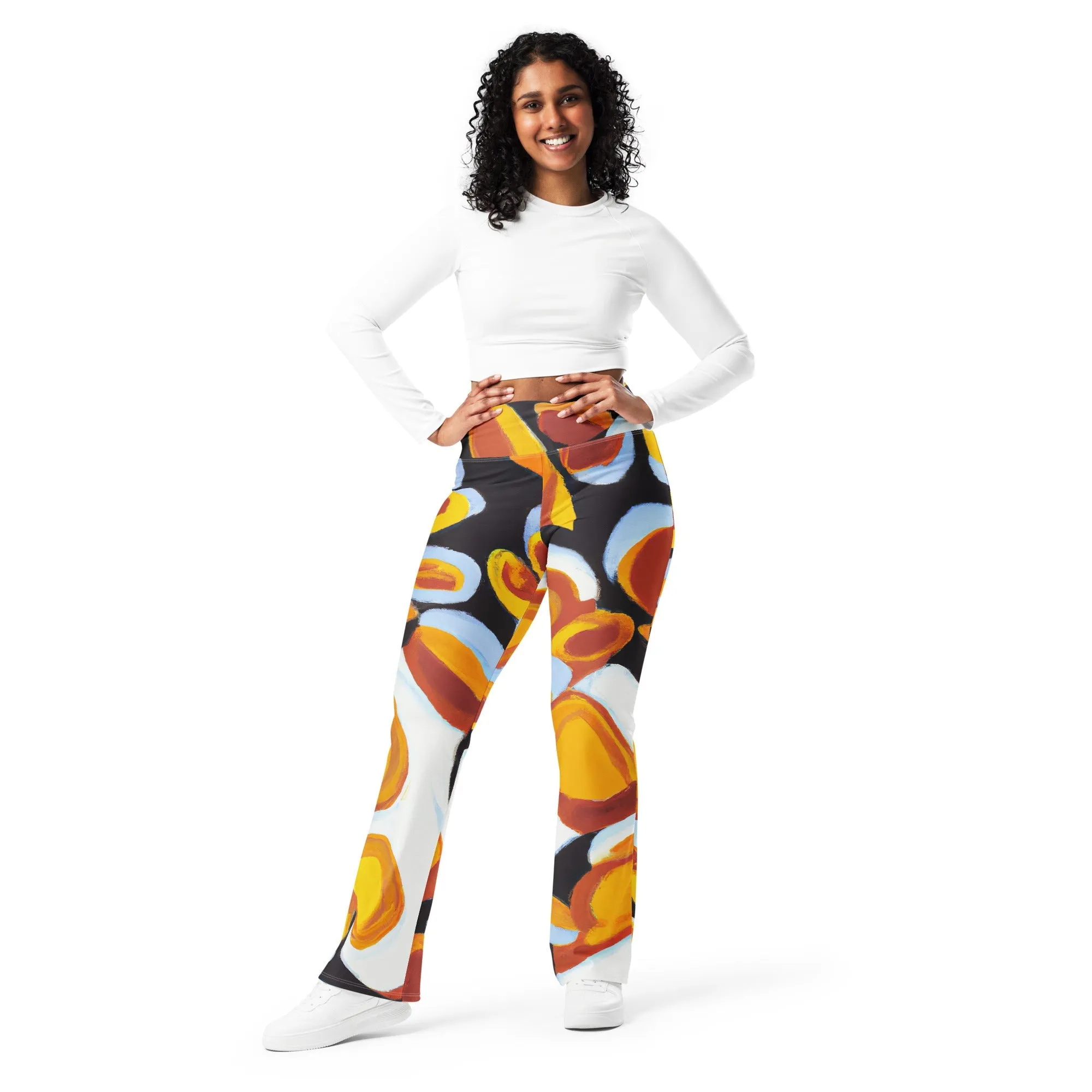 Womens Flare Leggings - Orange Black White Geometric Print Pattern